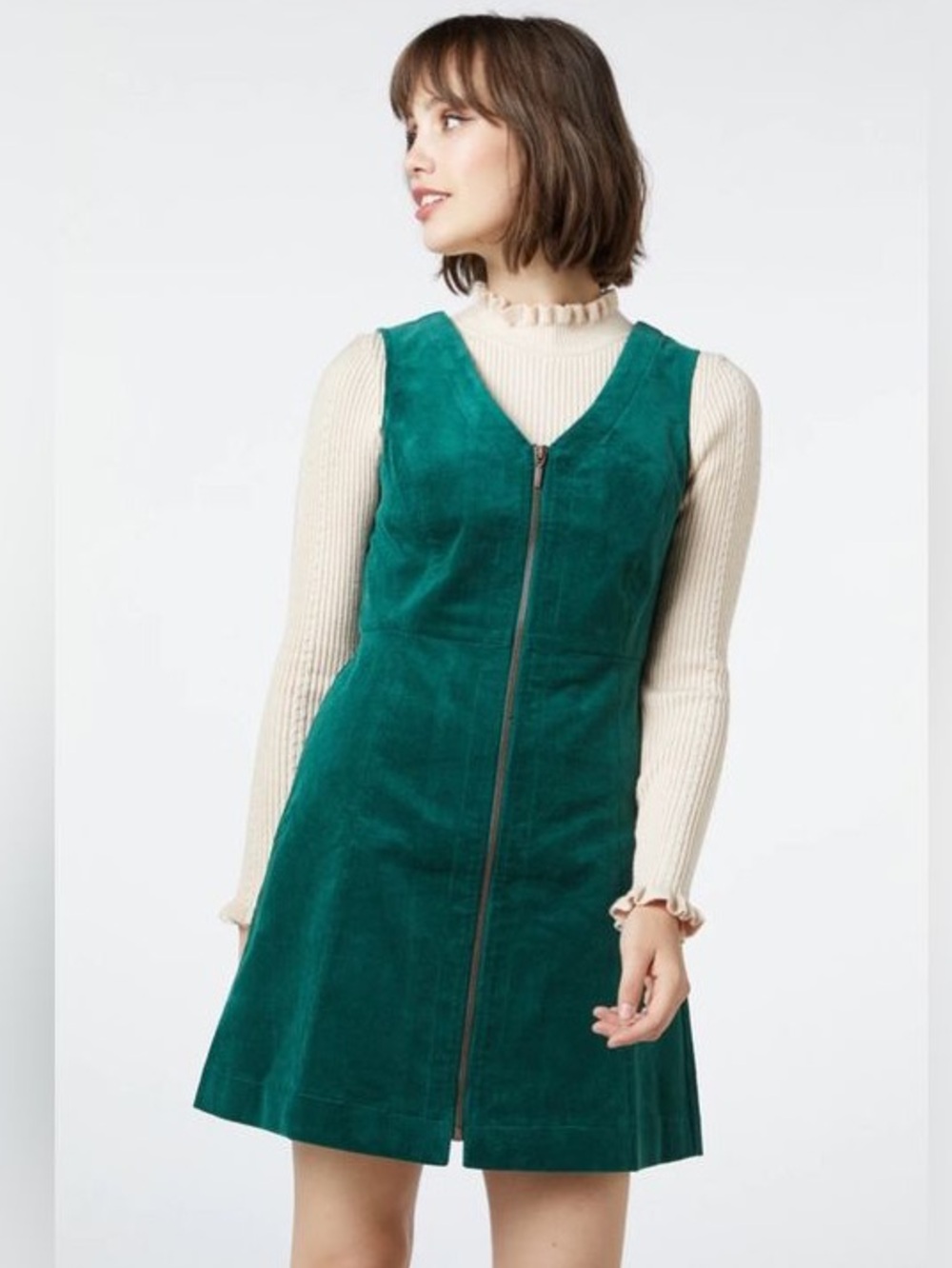 ModCloth Princess Highway Green Preppy Zip-Front Corduroy Pinafore Dress Size 12